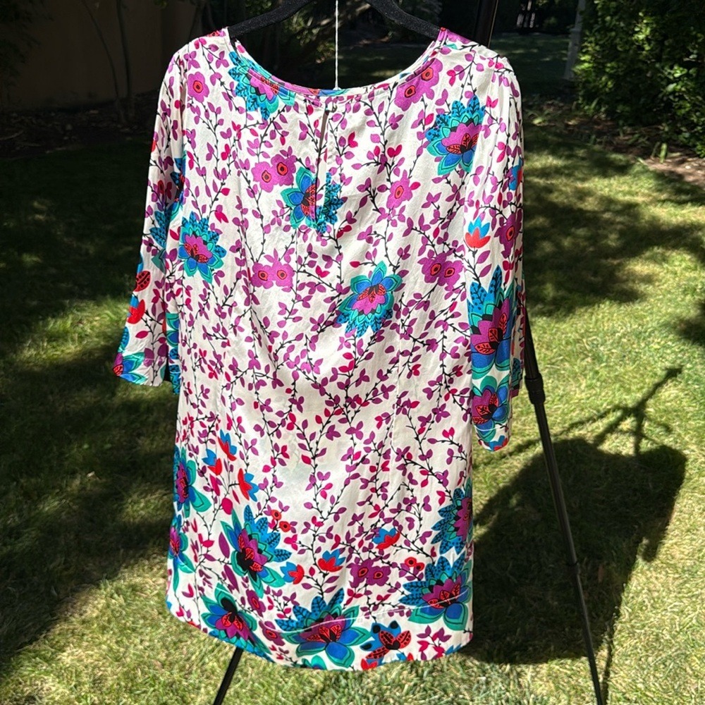 Monsoon 100% Silk Floral Print Shift Dress Pink Teal Cream US 10 UK 14 EUR 42 - Picture 6 of 7